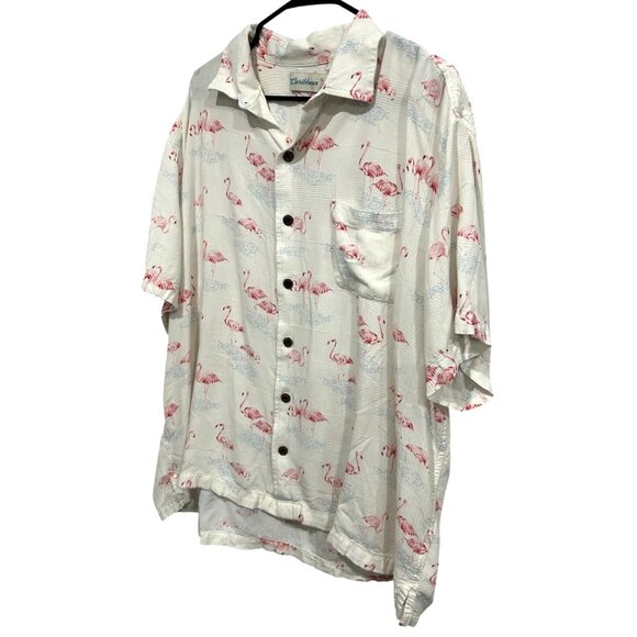 Caribbean Mens Flamingo Print Button-Up LInen Blend Shirt XXL White Pink - Picture 3 of 8